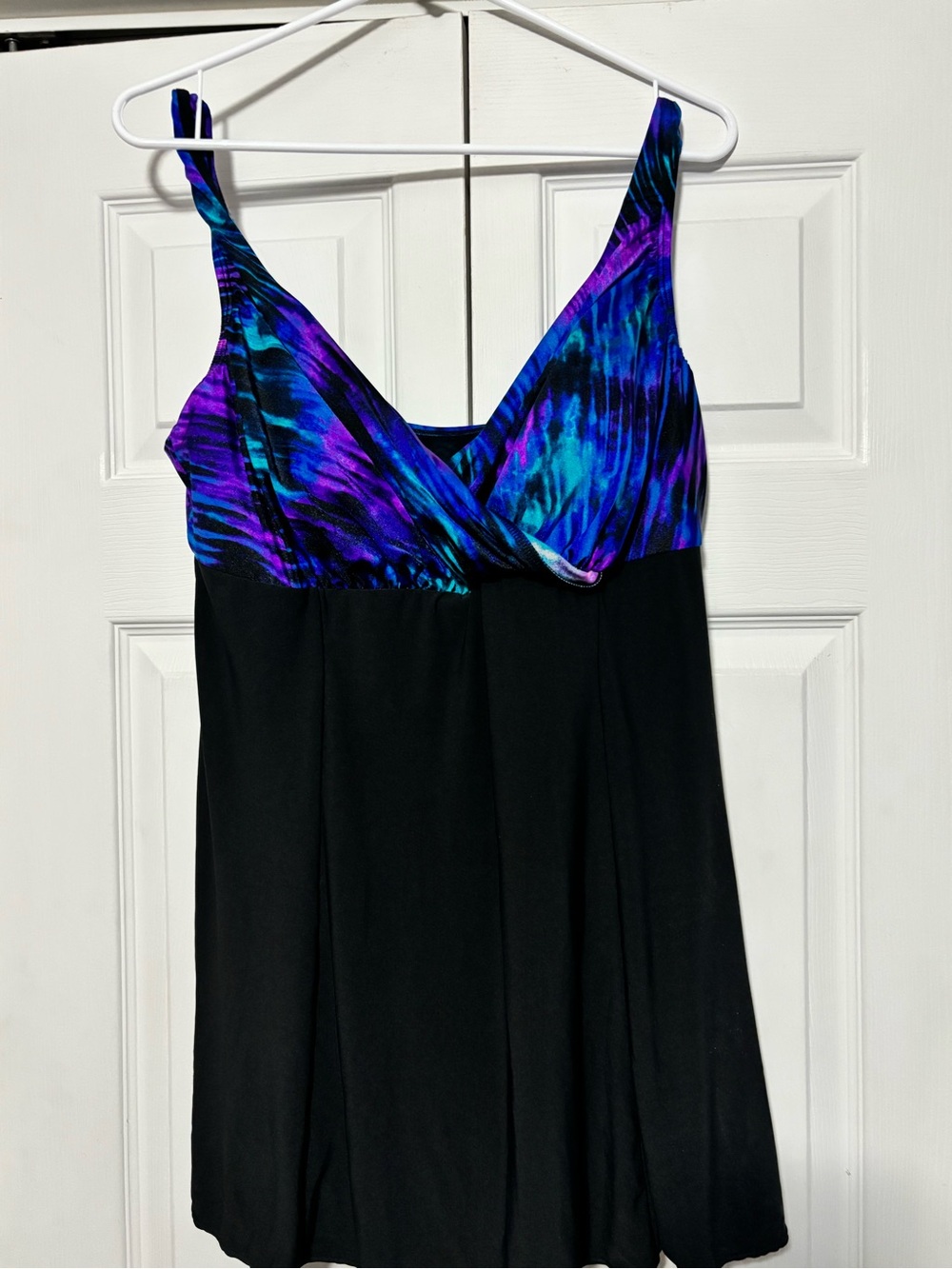 Black One-Piece Swimdress with Blue-Purple Printed Bodice